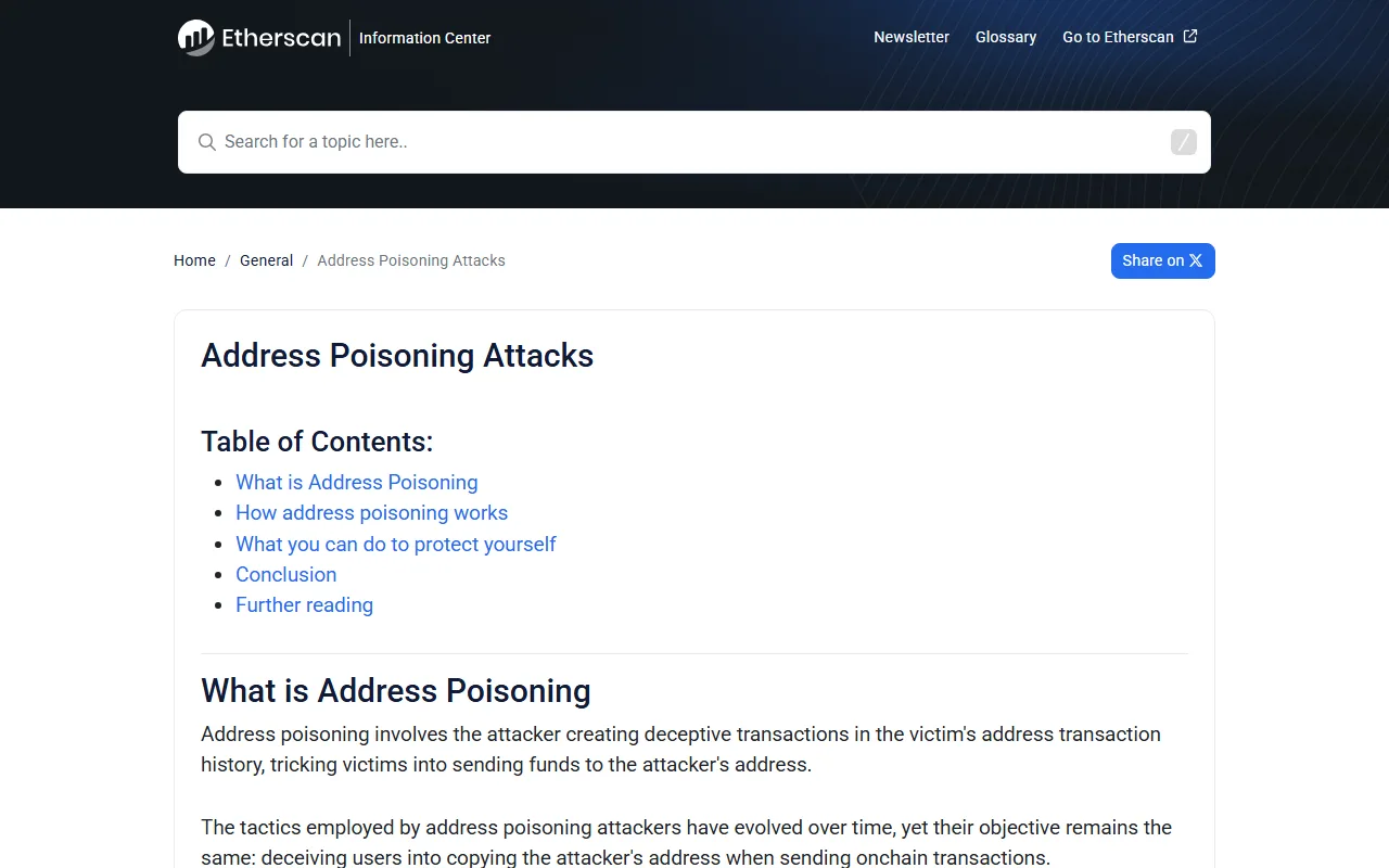 Etherscan Information Center 的 Address Poisoning Attacks 頁面，畫面顯示文章標題、目錄與地址污染的定義