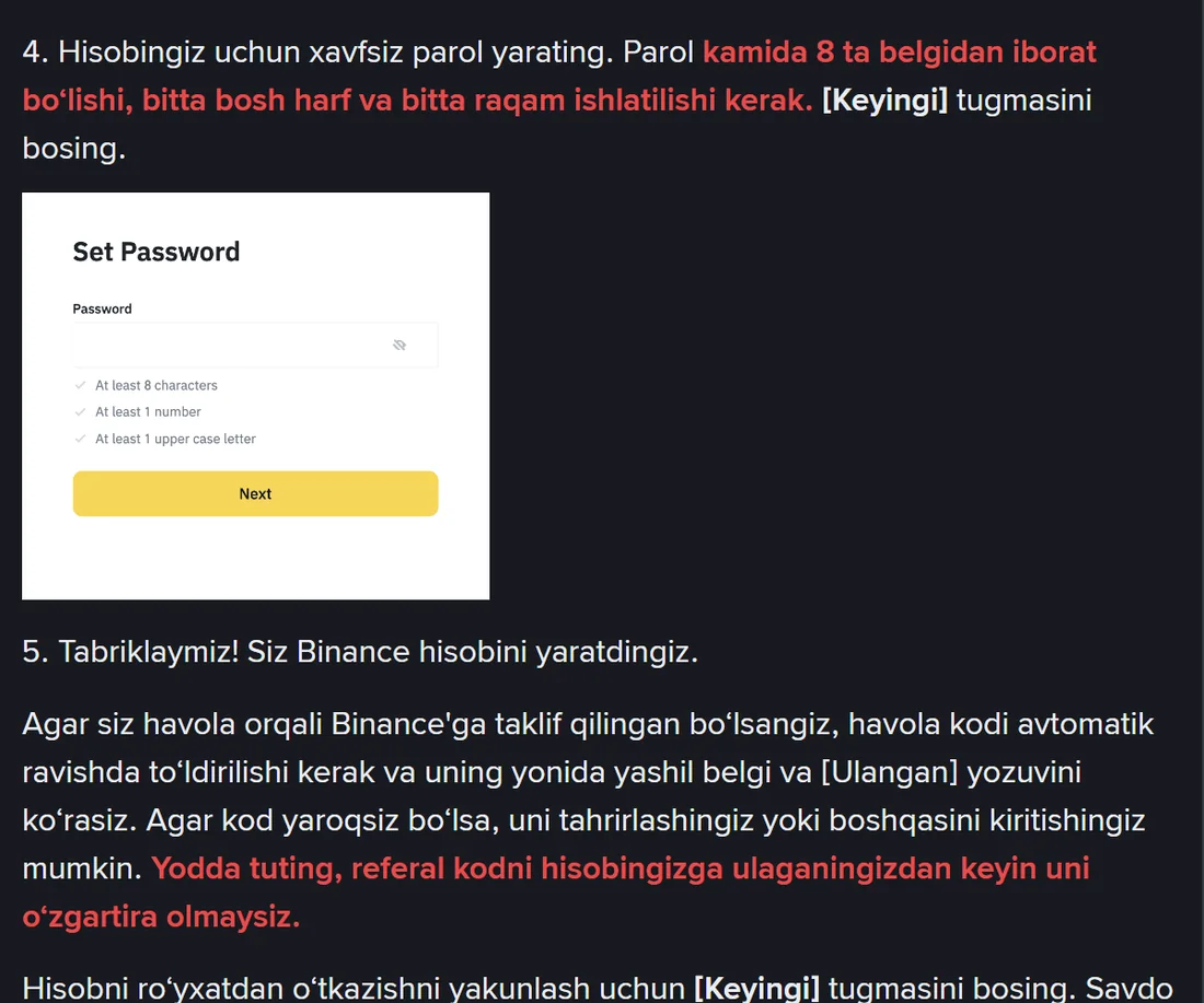 Binance yordam sahifasining oʻzbekcha versiyasi: parol sharti qizil rangda ajratilgan, pastda «Yodda tuting, referal kodni hisobingizga ulaganingizdan keyin uni oʻzgartira olmaysiz» ogohlantirishi