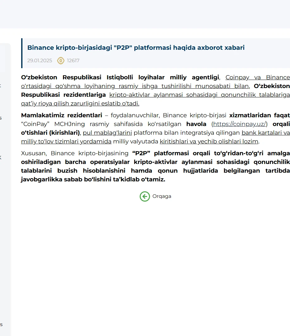 NAPP rasmiy sahifasi: CoinPay orqali kirish talabi va toʻgʻridan-toʻgʻri Binance P2P operatsiyalari qonun talablarini buzishi haqidagi ogohlantirish
