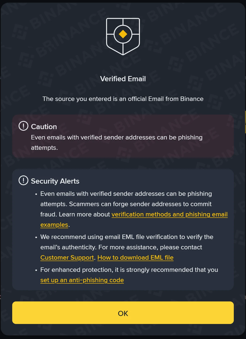 Binance Verify-এর ফলাফল উইন্ডো, শিরোনাম Verified Email, নিচে লাল ঘরে Caution এবং Security Alerts অংশে তিনটি পরামর্শ