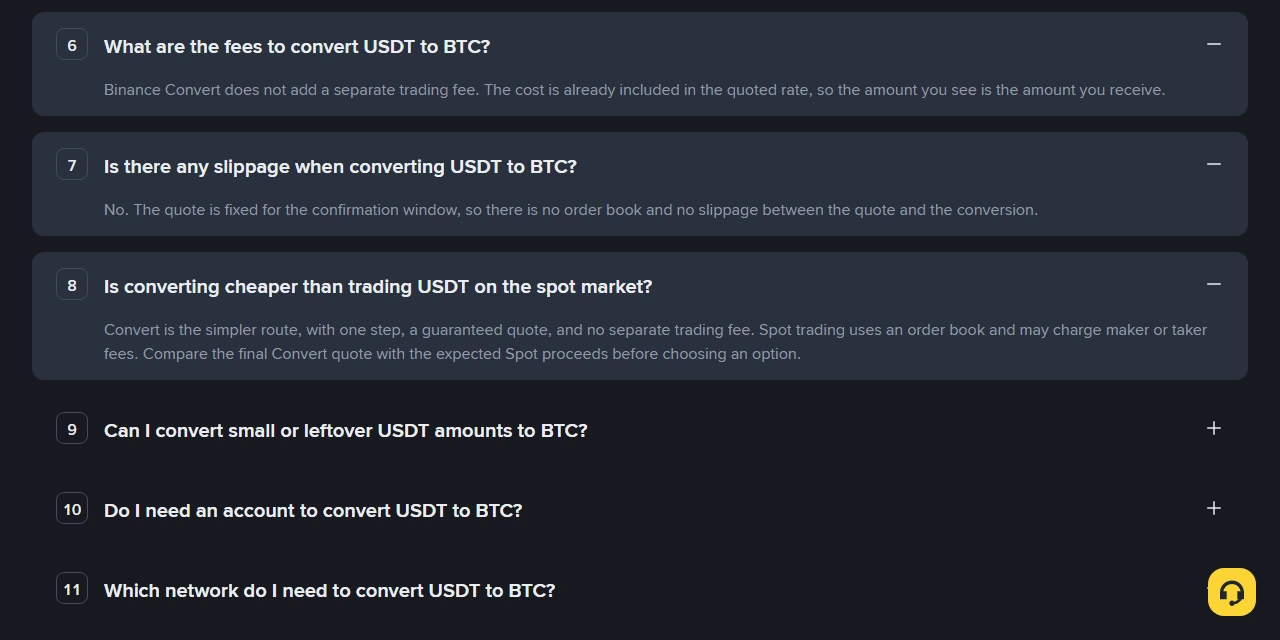 Binance Convert sahifasining FAQ boʻlimida ochilgan 6, 7 va 8-savollar: alohida savdo komissiyasi qoʻshilmaydi, kurs qotib turgani uchun slippage yoʻq, tanlashdan oldin Convert taklifi bilan Spotʼdan kutilayotgan natijani solishtirish tavsiya etiladi