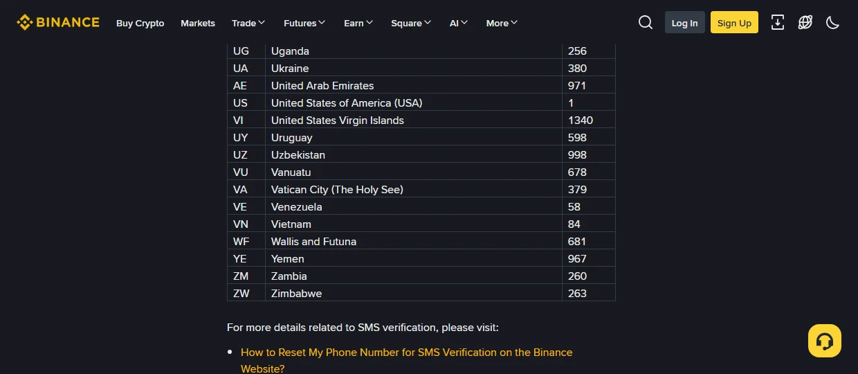 Binanceʼning SMS tasdiqlash qoʻllab-quvvatlanadigan davlatlar roʻyxati skrinshoti, jadvalda UZ Uzbekistan 998 qatori koʻrinib turibdi
