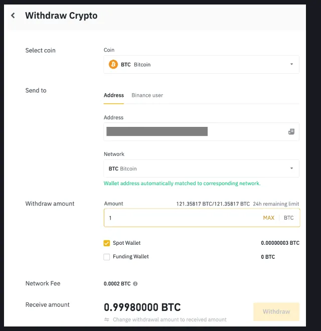 Address ট্যাবে on-chain withdraw: Network Fee 0.0002 BTC কেটে Receive amount দাঁড়িয়েছে 0.99980000 BTC