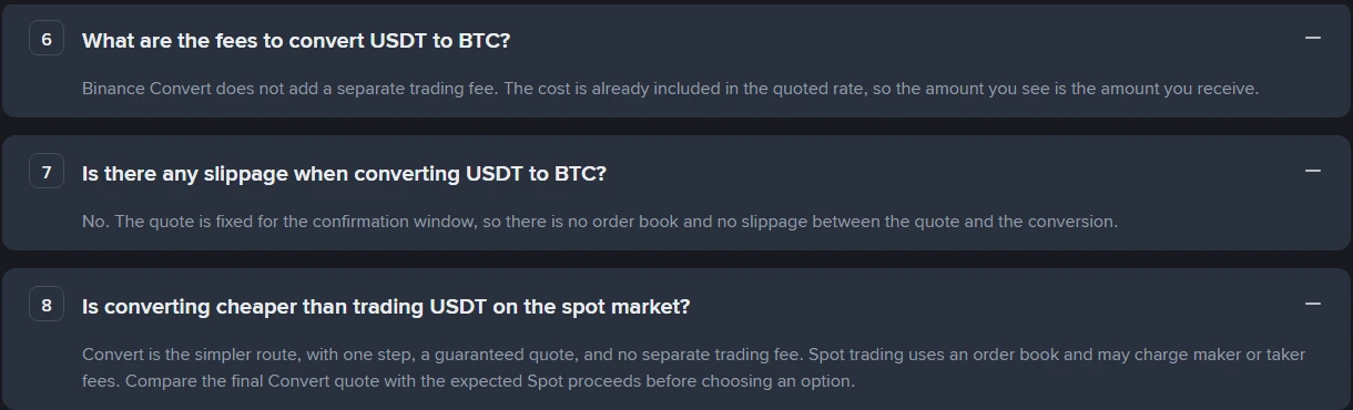 Binance Convert পেজের FAQ-তে খোলা ৬, ৭ ও ৮ নম্বর প্রশ্ন: আলাদা trading fee যোগ হয় না, quote নির্দিষ্ট বলে slippage নেই, এবং বেছে নেওয়ার আগে Convert quote ও Spot-এর প্রত্যাশিত পরিমাণ মিলিয়ে দেখার পরামর্শ