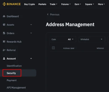 幣安網頁版帳戶安全選單中的 Address Management 地址管理頁面，顯示幣種與白名單篩選欄
