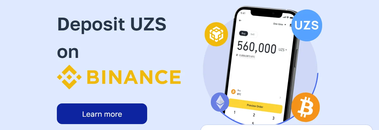 CoinPay bosh sahifasi: katta sarlavha Deposit UZS on BINANCE va Learn more tugmasi