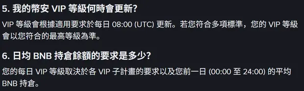 幣安說明中心第 5、6 題的截圖,內容為 VIP 等級會根據適用要求於每日 08:00(UTC)更新,符合多項標準時以最高等級為準;每日 VIP 等級取決於各子計畫要求以及前一日 00:00 至 24:00 的平均 BNB 持倉