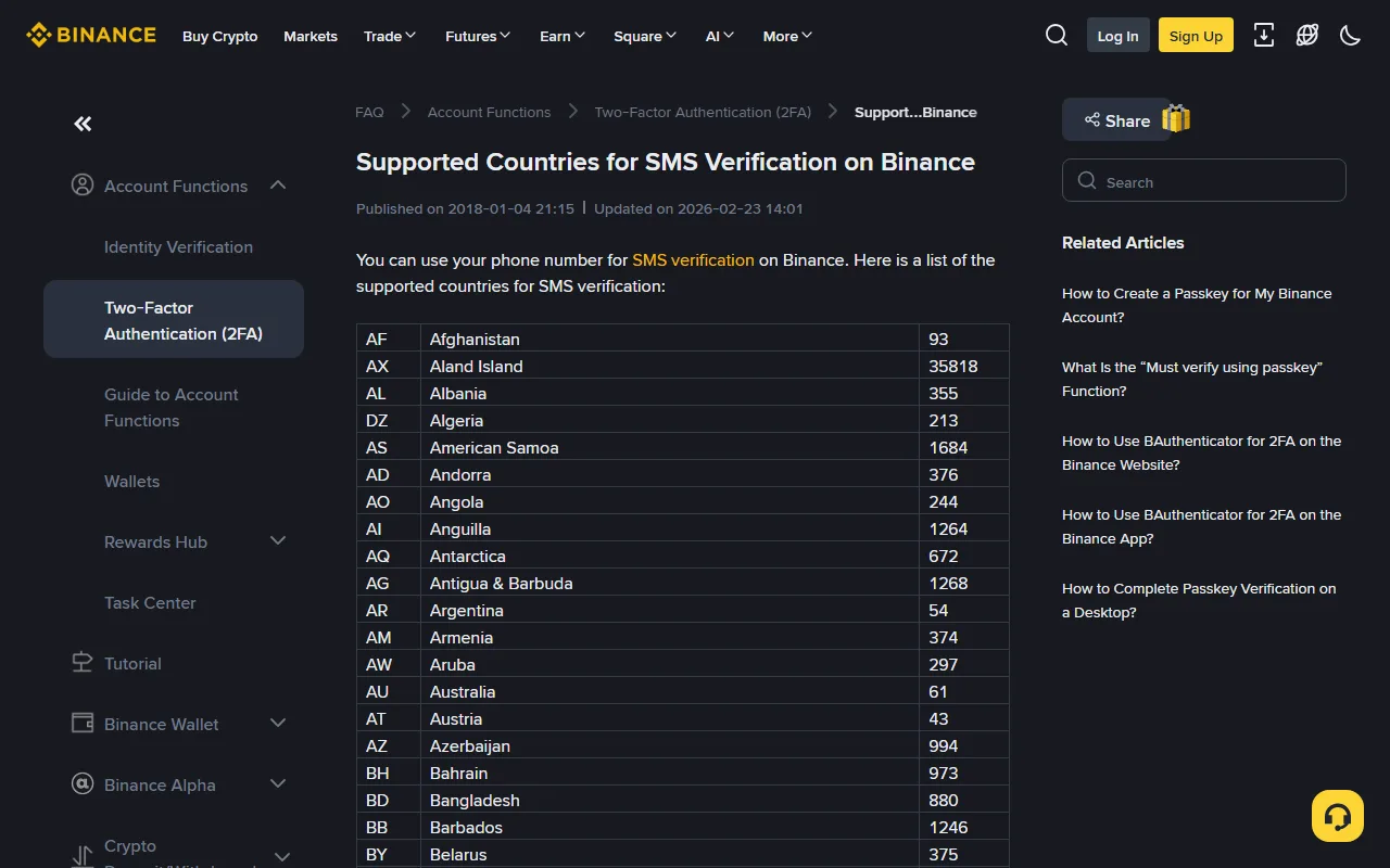Binance Support-এর “Supported Countries for SMS Verification on Binance” পাতার স্ক্রিনশট, দেশের তালিকায় BD Bangladesh 880 সারিটি দেখা যাচ্ছে