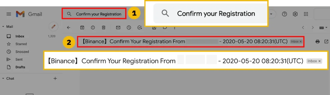 Gmail 收件匣截圖，搜尋框中輸入 Confirm your Registration，下方郵件標題為【Binance】Confirm Your Registration From（IP 位址已遮蔽）- 2020-05-20 08:20:31(UTC)
