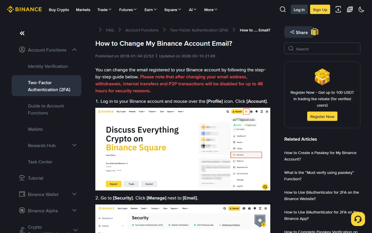 Binance Support-এর ইংরেজি FAQ “How to Change My Binance Account Email?” পাতার স্ক্রিনশট, লাল লেখায় বলা আছে ইমেইল বদলানোর পরে withdrawal, internal transfer ও P2P লেনদেন সর্বোচ্চ ৪৮ ঘণ্টা বন্ধ থাকবে
