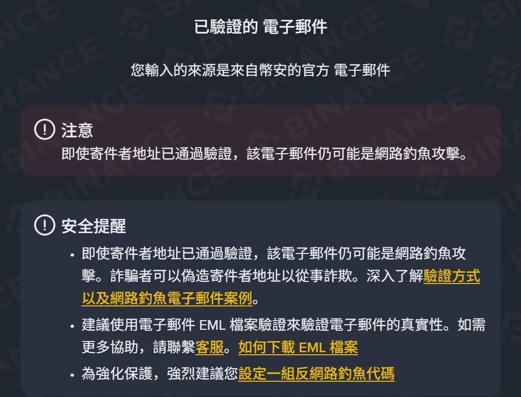 幣安官方驗證查詢結果彈窗,標題為已驗證的電子郵件,下方紅底區塊標示「注意」,內容為即使寄件者地址已通過驗證,該電子郵件仍可能是網路釣魚攻擊
