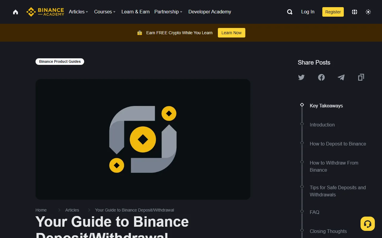 Binance Academy rasmiy depozit va yechib olish qo‘llanmasi sahifasi: qora fonda sariq-kulrang kripto belgisi, maqola sarlavhasi va depozit bo‘limlari ko‘rsatilgan