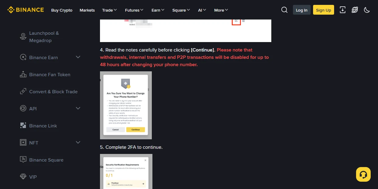 Binance Supportʼning inglizcha FAQ sahifasi, telefon raqamini almashtirishning 4-qadami: qizil matnda pul yechish, ichki oʻtkazma va P2P operatsiyalari 48 soatgacha oʻchishi yozilgan, yonida tasdiqlash oynasining skrinshoti