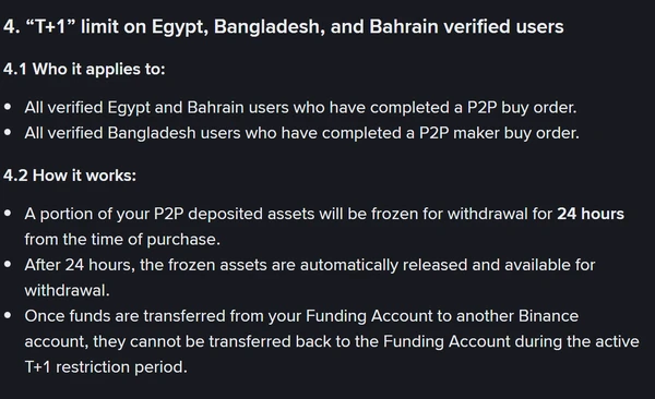 Binance সাপোর্ট পেজের ৪ নম্বর অনুচ্ছেদ: মিশর ও বাহরাইনের ভেরিফায়েড ইউজারদের সব P2P buy অর্ডারে, আর বাংলাদেশের ভেরিফায়েড ইউজারদের শুধু P2P maker buy অর্ডারে ২৪ ঘণ্টার হোল্ড