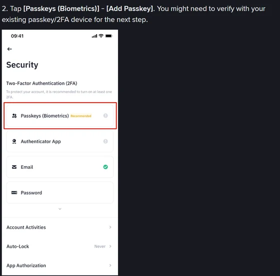 Binance সাপোর্ট পেজে দেখানো অ্যাপের Security স্ক্রিন, যেখানে Passkeys (Biometrics) সারিটি লাল বক্সে চিহ্নিত