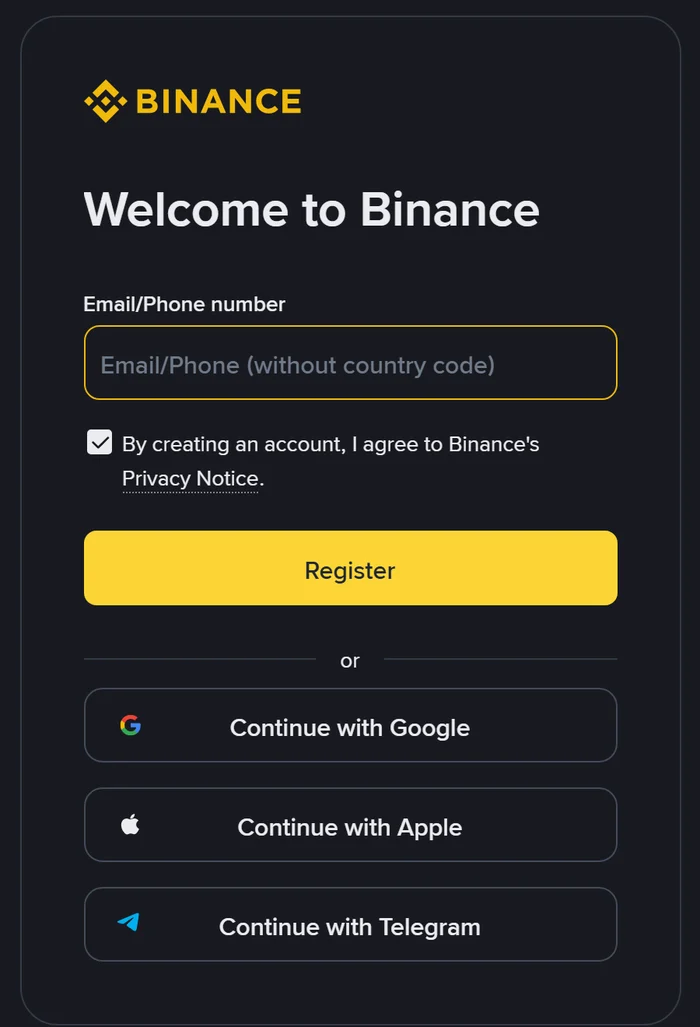Binance নিবন্ধন কার্ড: Email/Phone ঘর, হলুদ Register বোতাম এবং Google, Apple ও Telegram বিকল্প