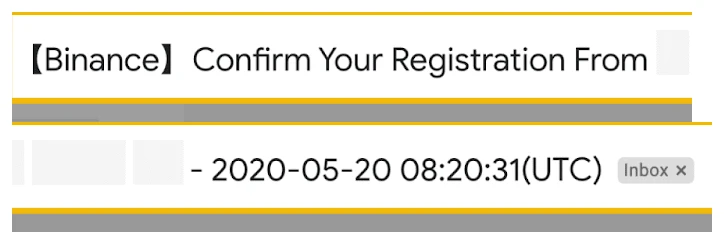 Gmail-এ Confirm your Registration সার্চ করলে পাওয়া Binance নিশ্চিতকরণ মেইলের সাবজেক্ট, IP অংশ ঝাপসা করা এবং তারিখ 2020-05-20 08:20:31 UTC দেখা যাচ্ছে