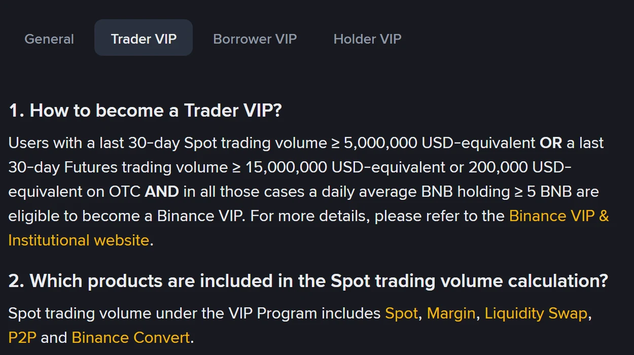 Binance হেল্প সেন্টারের How to Become a Binance VIP পেজের Trader VIP ট্যাব। প্রশ্ন ১-এ লেখা শেষ ৩০ দিনের Spot ভলিউম ≥ 5,000,000 USD অথবা Futures ≥ 15,000,000 USD অথবা OTC 200,000 USD এবং সব ক্ষেত্রেই দৈনিক গড় 5 BNB। প্রশ্ন ২-এ লেখা Spot ভলিউমে Spot, Margin, Liquidity Swap, P2P ও Binance Convert ধরা হয়