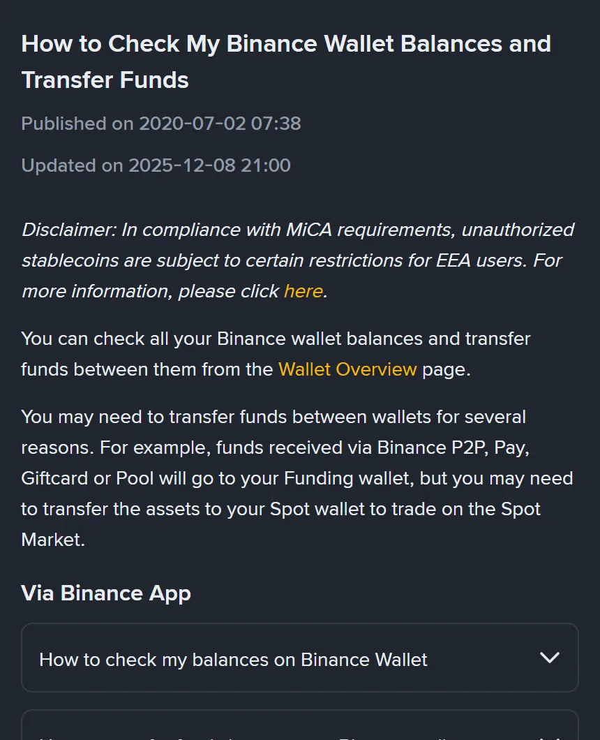 Binance yordam markazining inglizcha sahifasi «How to Check My Binance Wallet Balances and Transfer Funds», yangilanish sanasi 2025-12-08 va P2P, Pay, Giftcard yoki Pool orqali olingan mablagʻ Funding hamyoniga tushishi yozilgan xatboshi