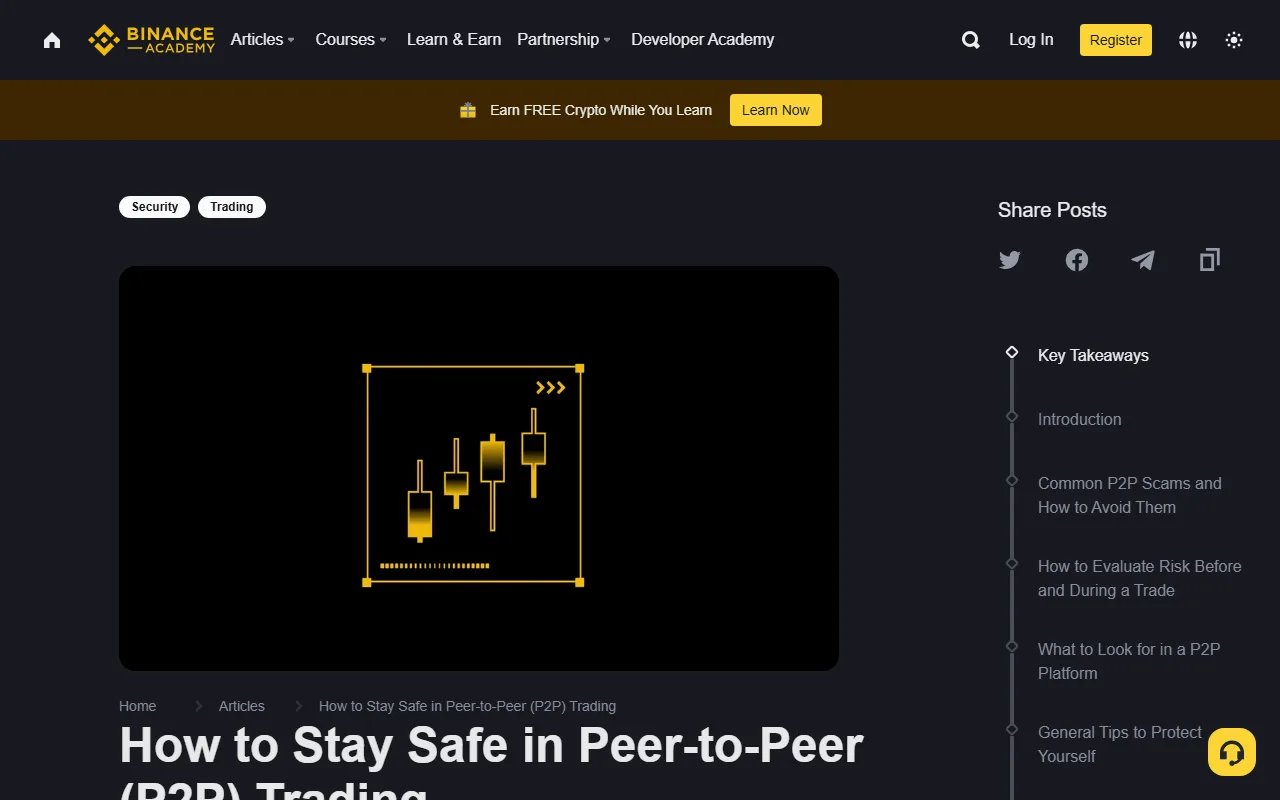Binance Academy 官方 P2P 安全指南頁面，深色頁面顯示 How to Stay Safe in Peer-to-Peer (P2P) Trading 標題與黃色交易圖示