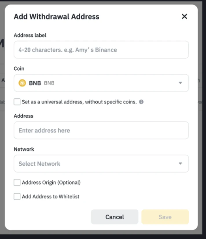 Binance-এর Add Withdrawal Address ফর্ম: Address label, Coin, universal address-এর checkbox, Address, Network, Address Origin ও Add Address to Whitelist ঘর