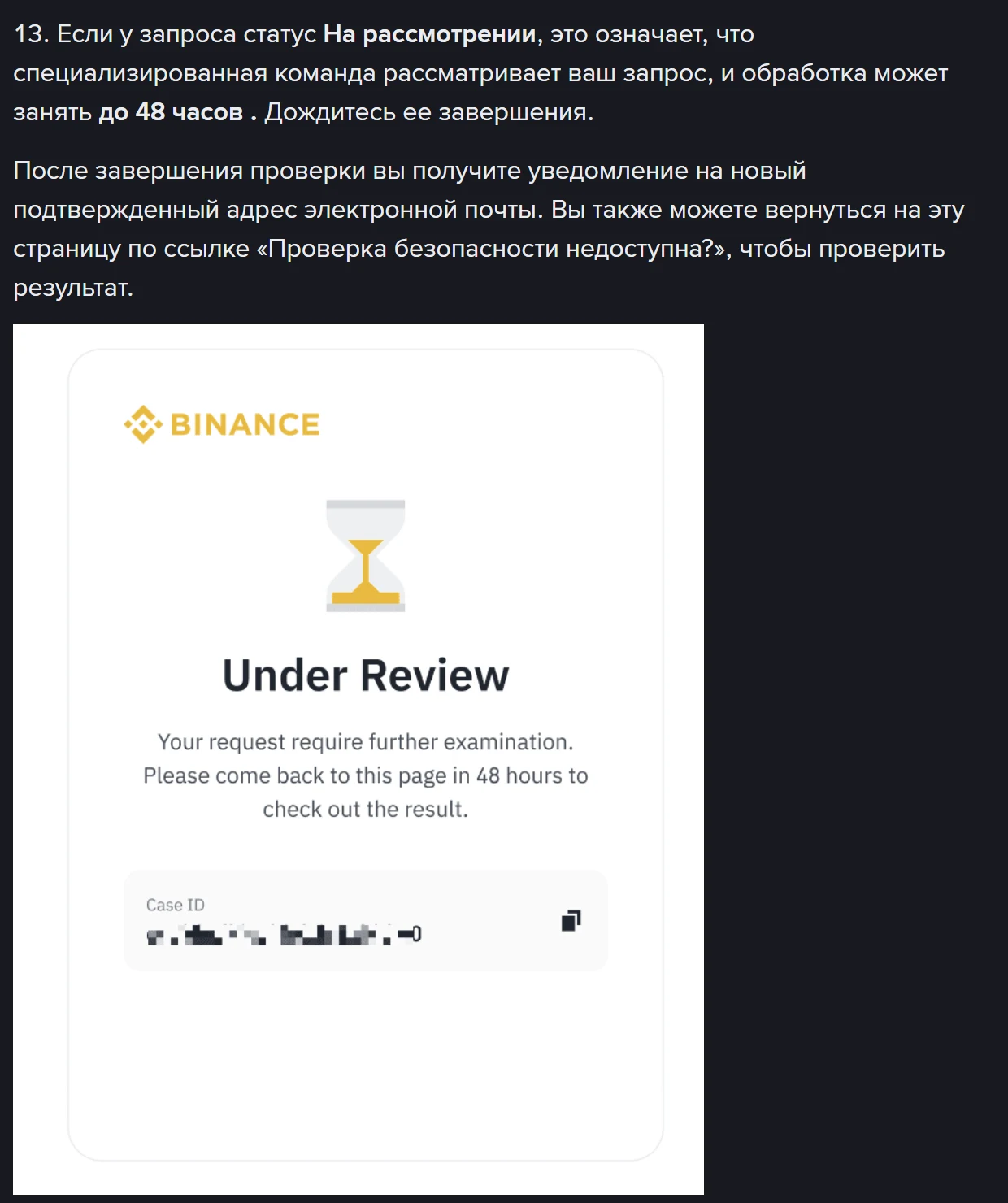 Binance Under Review ekrani: qum soat belgisi, natijani 48 soatdan keyin tekshirish matni, Case ID yashirilgan