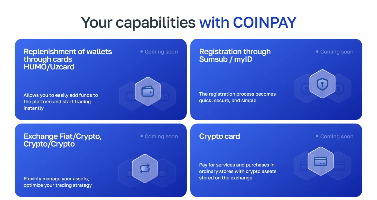 CoinPay sahifasidagi toʻrtta xizmat kartasi, har birida Coming soon belgisi: HUMO/Uzcard orqali toʻldirish, Sumsub/myID, Fiat/Crypto almashinuvi va kripto karta