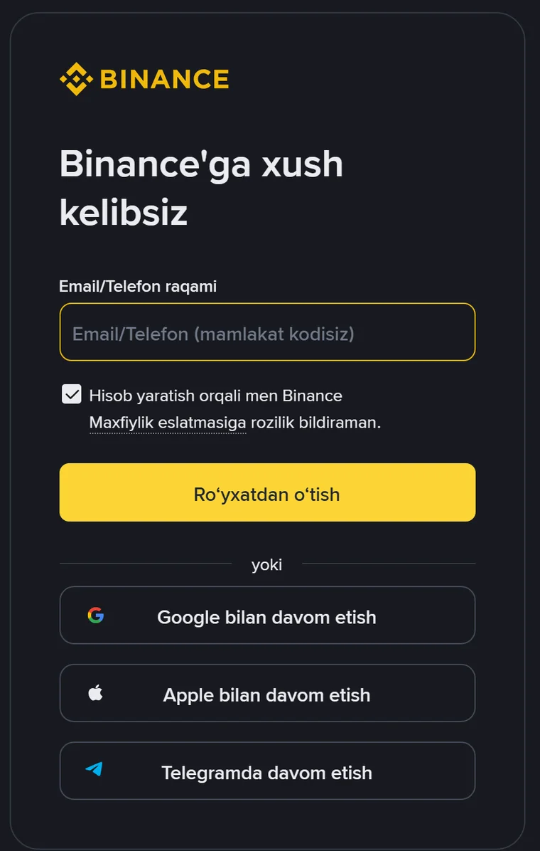 Binance uz-UZ roʻyxatdan oʻtish kartasi: «Email/Telefon (mamlakat kodisiz)» maydoni, sariq «Roʻyxatdan oʻtish» tugmasi va pastda Google, Apple hamda Telegram bilan davom etish tugmalari