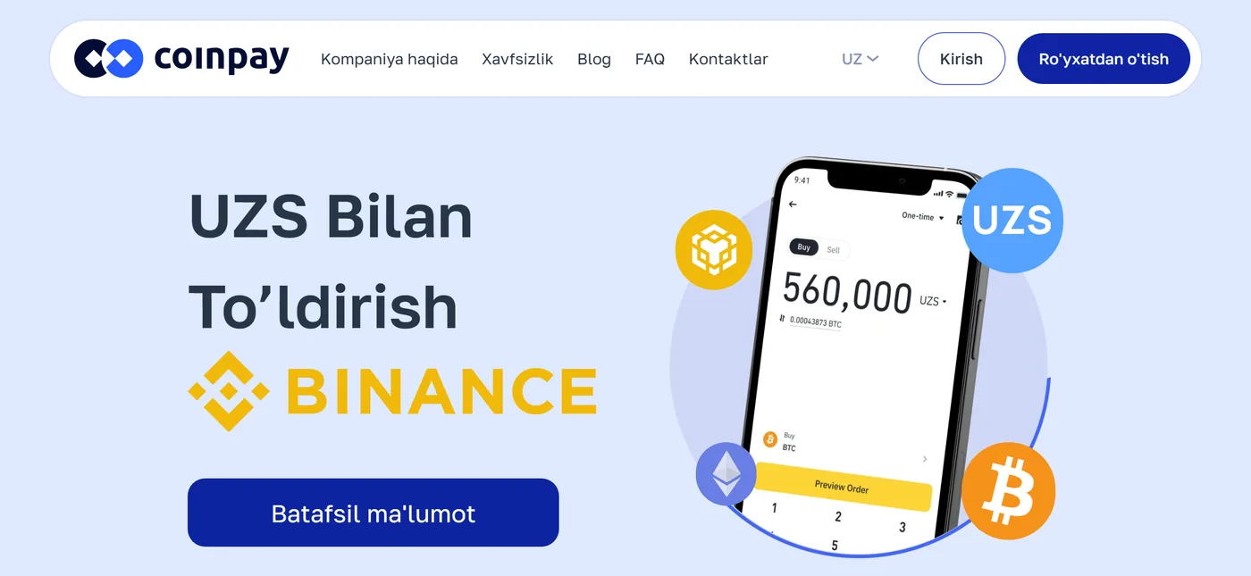coinpay.uz saytining oʻzbekcha bosh sahifasi: «UZS Bilan Toʻldirish BINANCE» sarlavhasi va koʻk «Batafsil maʼlumot» tugmasi