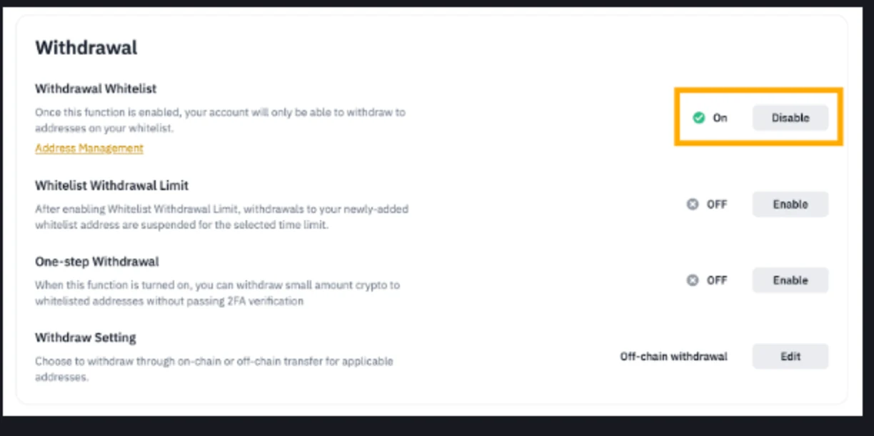 Binance-এর Withdrawal সেটিংস প্যানেল: Withdrawal Whitelist চালু, Whitelist Withdrawal Limit ও One-step Withdrawal বন্ধ, Withdraw Setting-এ off-chain withdrawal