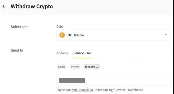 Binanceʼning rasmiy qoʻllanmasidagi Withdraw Crypto oynasi: Send to qatorida Address va Binance user boʻlimlari, Binance user ichida Email, Phone va Binance ID tugmalari koʻrinadi