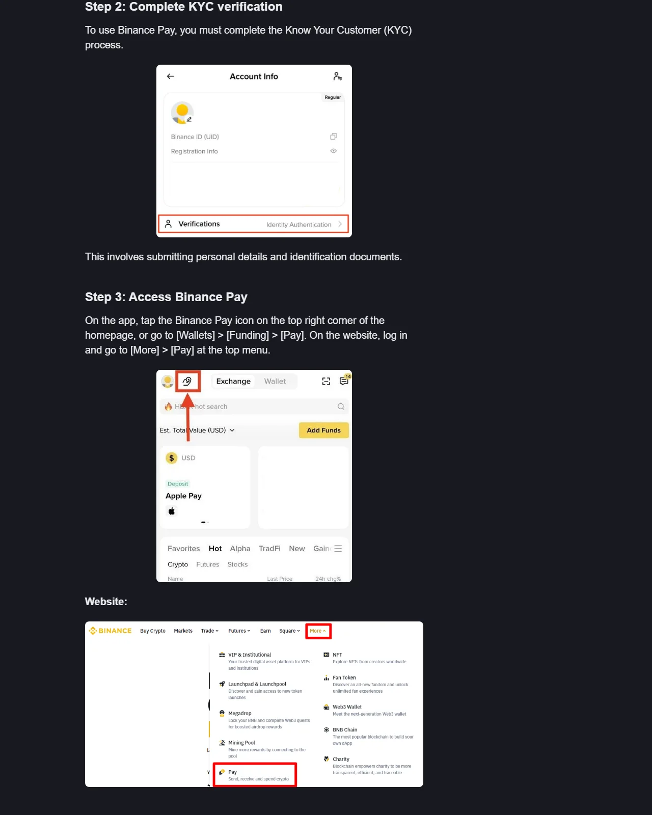 幣安學院 Binance Pay 官方操作截圖，帳戶資料頁顯示 Binance ID（UID），並標出 App 與網頁的 Pay 入口