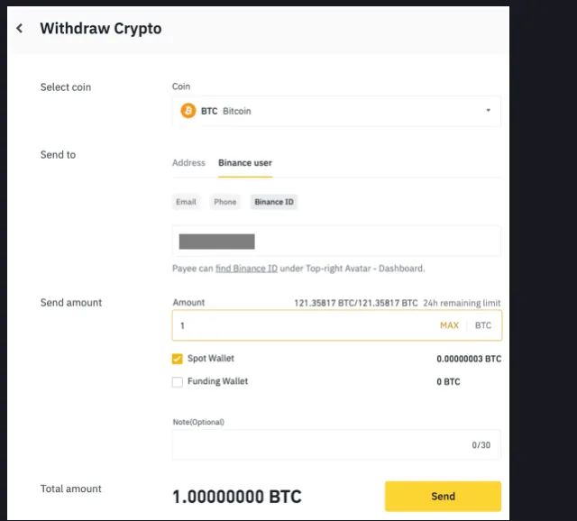 Withdraw Crypto পর্দায় Send to ঘরে Binance user ট্যাব বাছা, নিচে Email, Phone ও Binance ID বিকল্প এবং Send বাটন