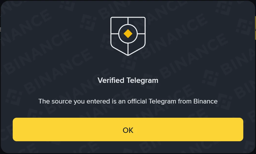 Binance Verify-এর ফলাফল উইন্ডো, শিরোনাম Verified Telegram, লেখা আছে উৎসটি Binance-এর অফিসিয়াল Telegram