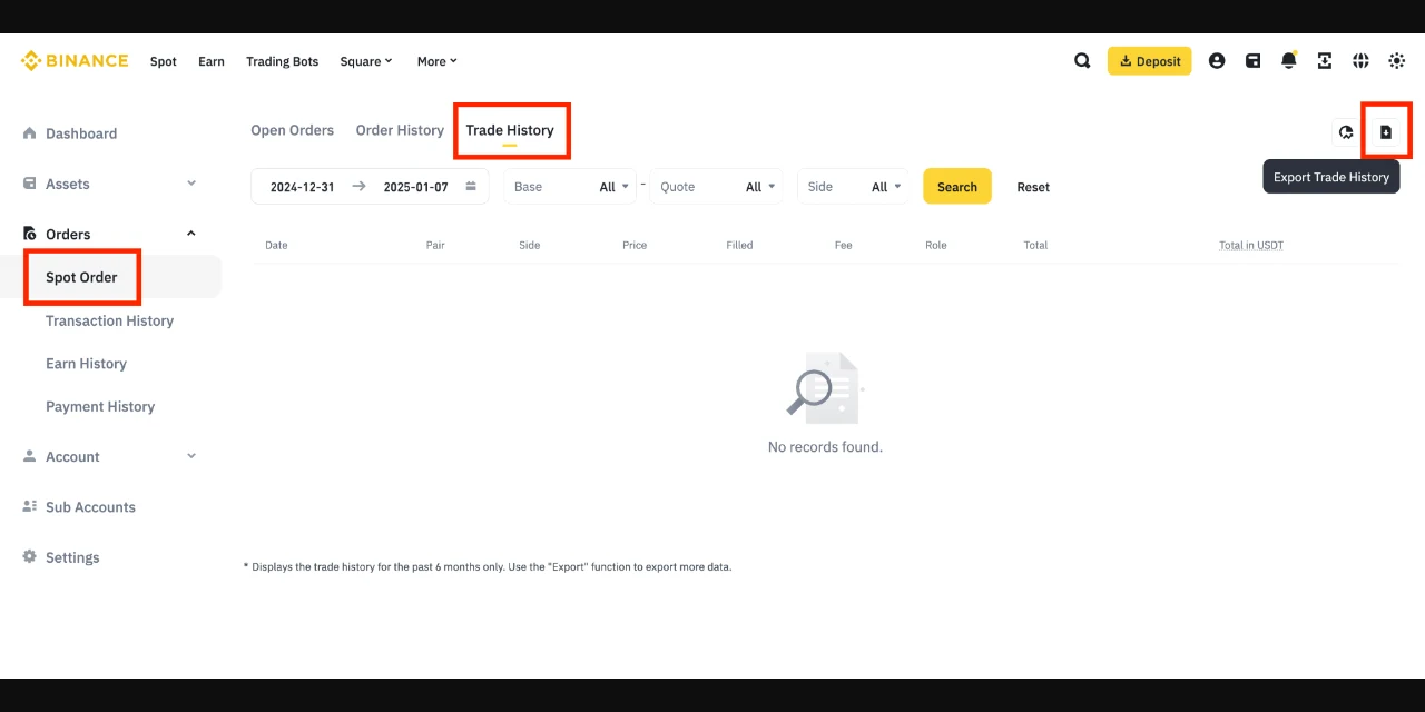 Binance 現貨訂單頁面的真實操作截圖，紅框標出 Spot Order、Trade History 與右上角 Export Trade History 下載圖示