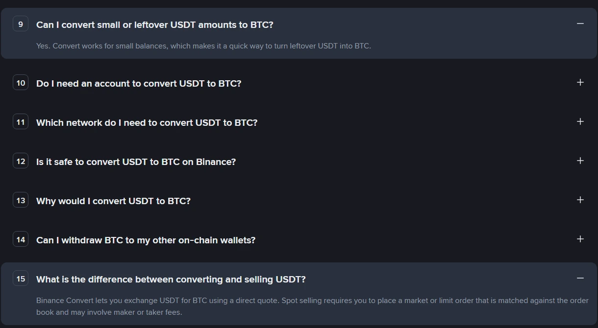 Binance Convert পেজের FAQ-তে খোলা ৯ ও ১৫ নম্বর প্রশ্ন: ছোট বা উদ্বৃত্ত USDT-ও Convert করা যায়, আর Convert সরাসরি দর দেয় যেখানে Spot-এ অর্ডার বুক ও maker/taker fee জড়িত