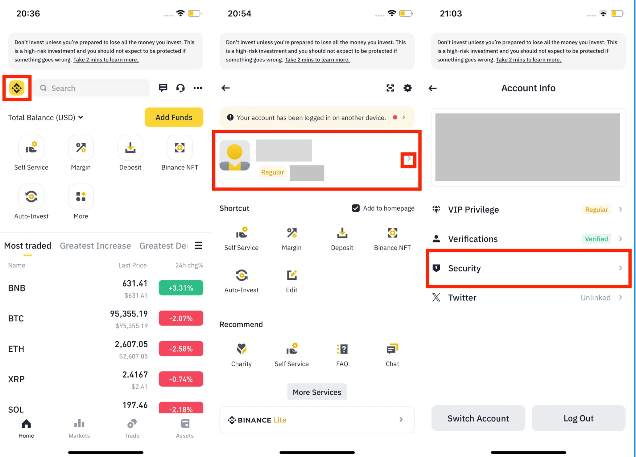 Binance App 三步操作截圖，依序標示首頁帳戶圖示、Account Info 個人資料區與 Security 安全設定入口