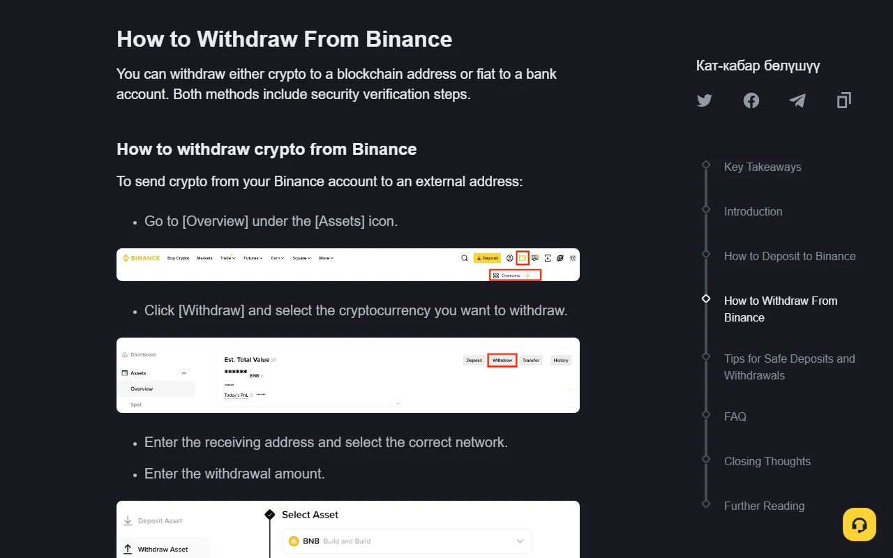幣安 Academy 官方提幣教學頁截圖，畫面顯示 Assets 圖示、Overview 資產總覽與 Withdraw 提幣按鈕，以及選擇資產的提幣區塊